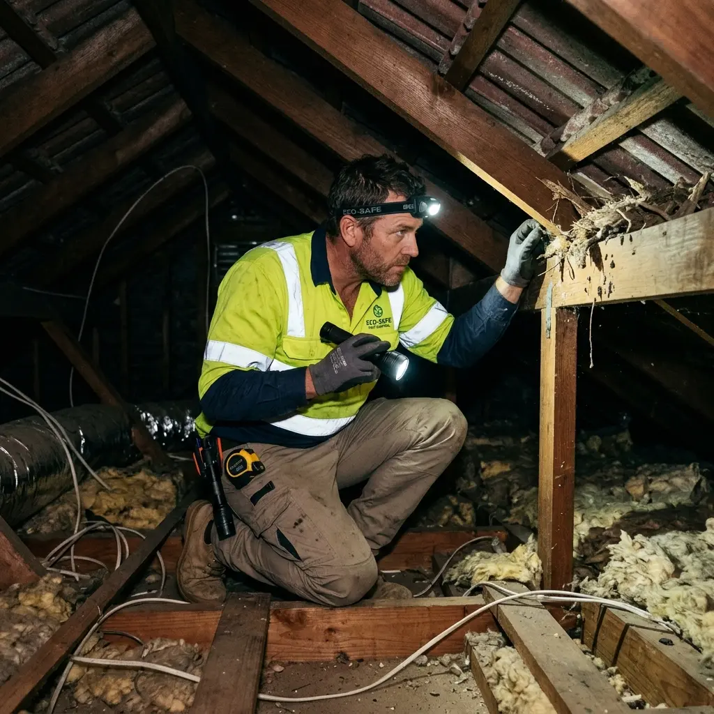 Technician inspecting a roof cavity for a dead animal in Doncaster East